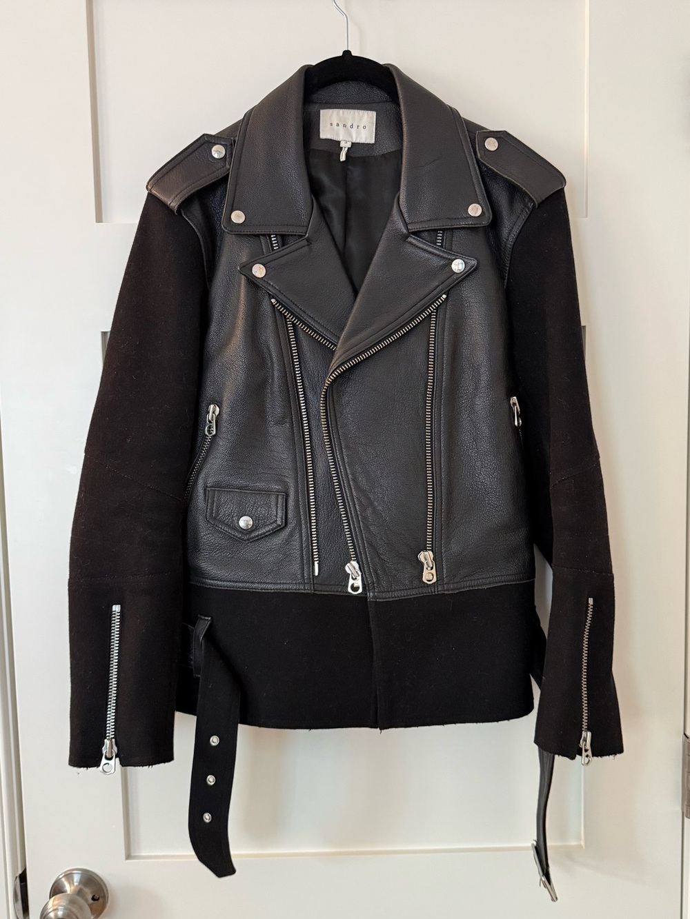 Sandro Black Belted Leather & Wool Moto Biker Jacket